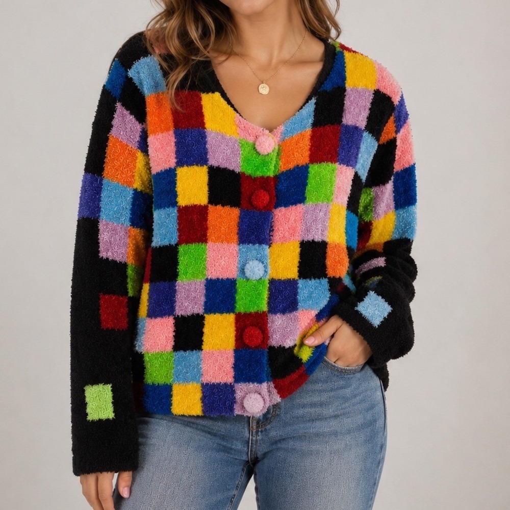VTG Y2K Michael Simon Colorblock Fuzzy Cardigan Sweater M Plush Artsy Rainbow